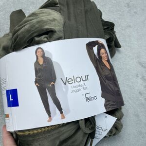 Felina Women's L Velour Hoodie Jogger Set Green H0931